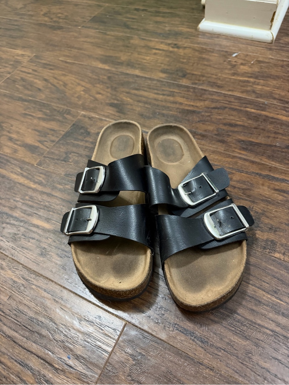 Women’s Double-Buckle Black Slide Sandals